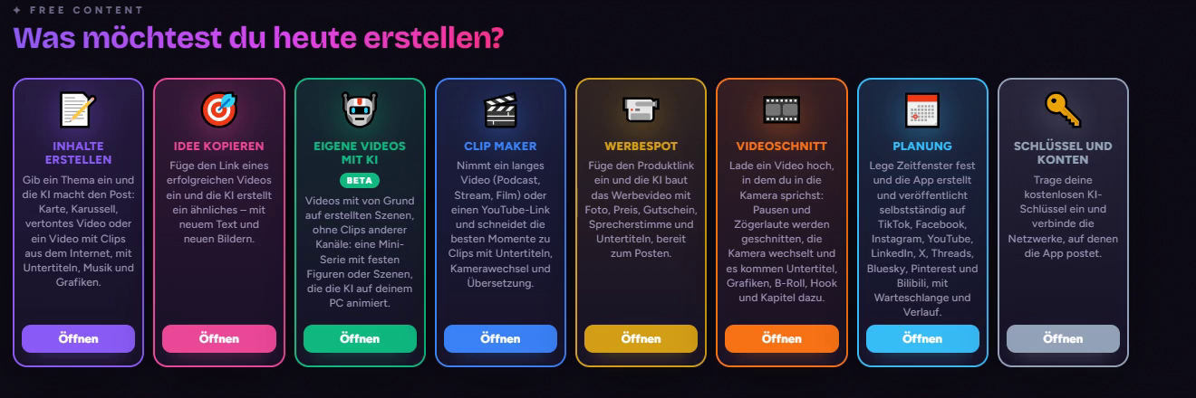 Startbildschirm von Free Content: Inhalte erstellen, Idee kopieren, Eigene Videos mit KI, Clip Maker, Werbespot, Videoschnitt, Planung und Schlüssel und Konten