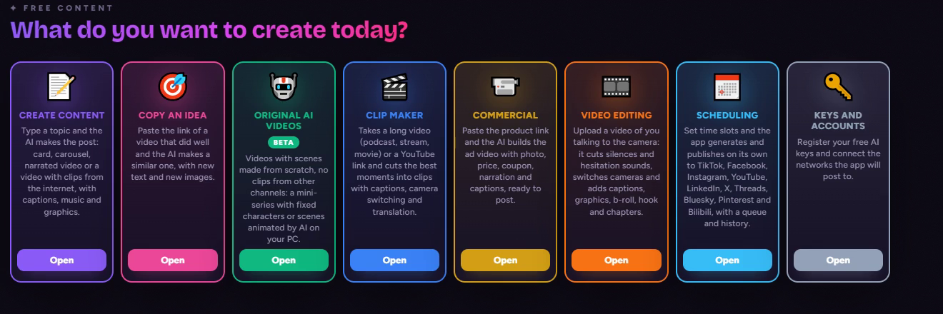 Free Content home screen: Create content, Copy an idea, Original AI videos, Clip maker, Commercial, Video editing, Scheduling and Keys and accounts