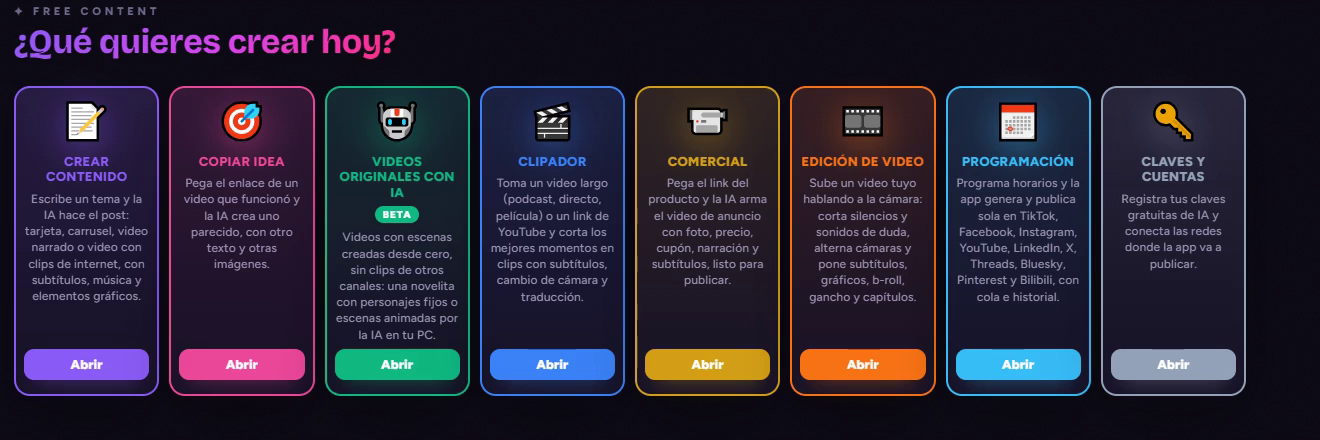 Pantalla inicial de Free Content: Crear contenido, Copiar idea, Videos originales con IA, Clipador, Comercial, Edición de video, Programación y Claves y cuentas