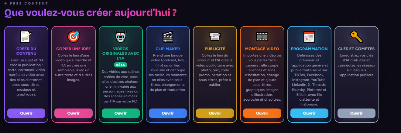 Écran d’accueil de Free Content : Créer du contenu, Copier une idée, Vidéos originales avec l’IA, Clip Maker, Publicité, Montage vidéo, Programmation et Clés et comptes