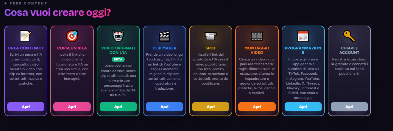 Schermata iniziale di Free Content: Crea contenuti, Copia un’idea, Video originali con l’IA, Clip Maker, Spot, Montaggio video, Programmazione e Chiavi e account