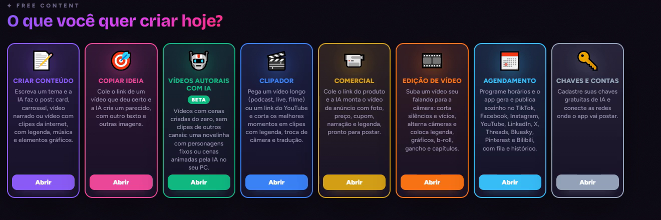 Tela inicial do Free Content: Criar conteúdo, Copiar ideia, Vídeos autorais com IA, Clipador, Comercial, Edição de vídeo, Agendamento e Chaves e contas