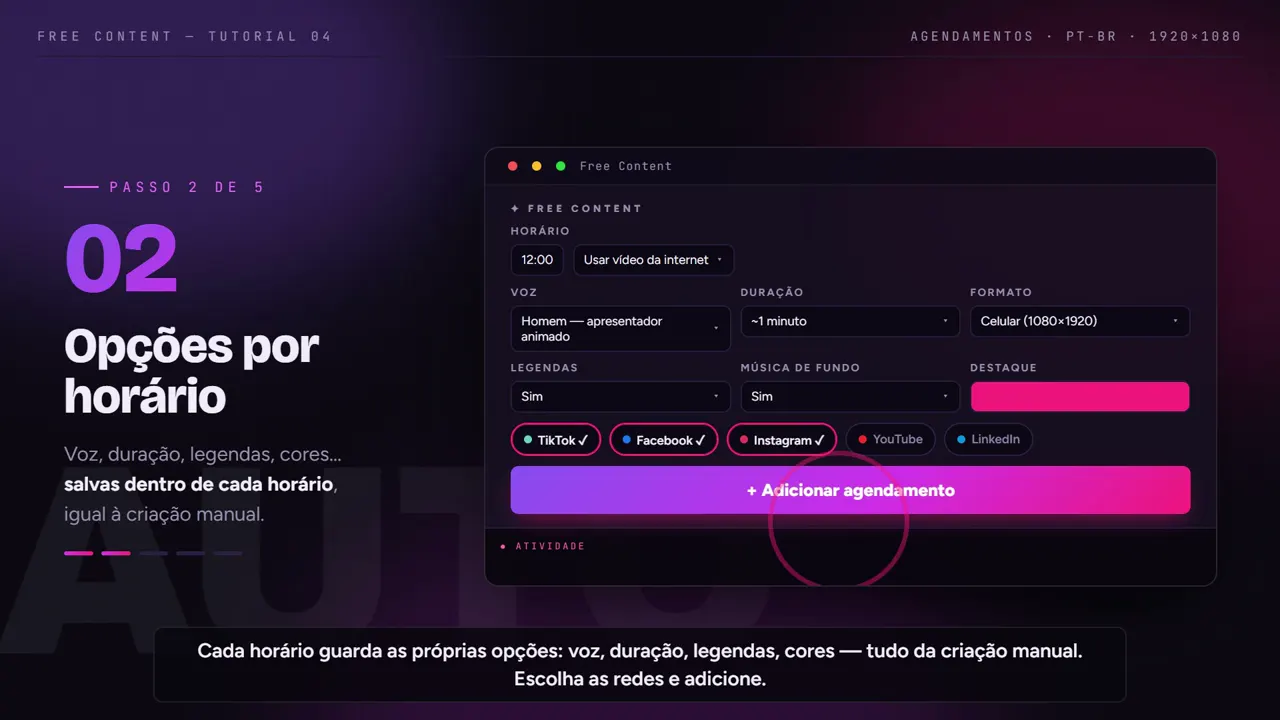 Cada horário com voz, duração, legenda e redes próprias