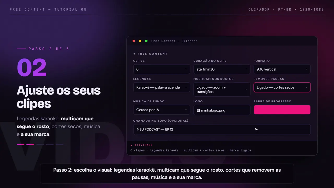 Passo 2: legenda karaokê, câmera no rosto, cortes secos, música e sua marca