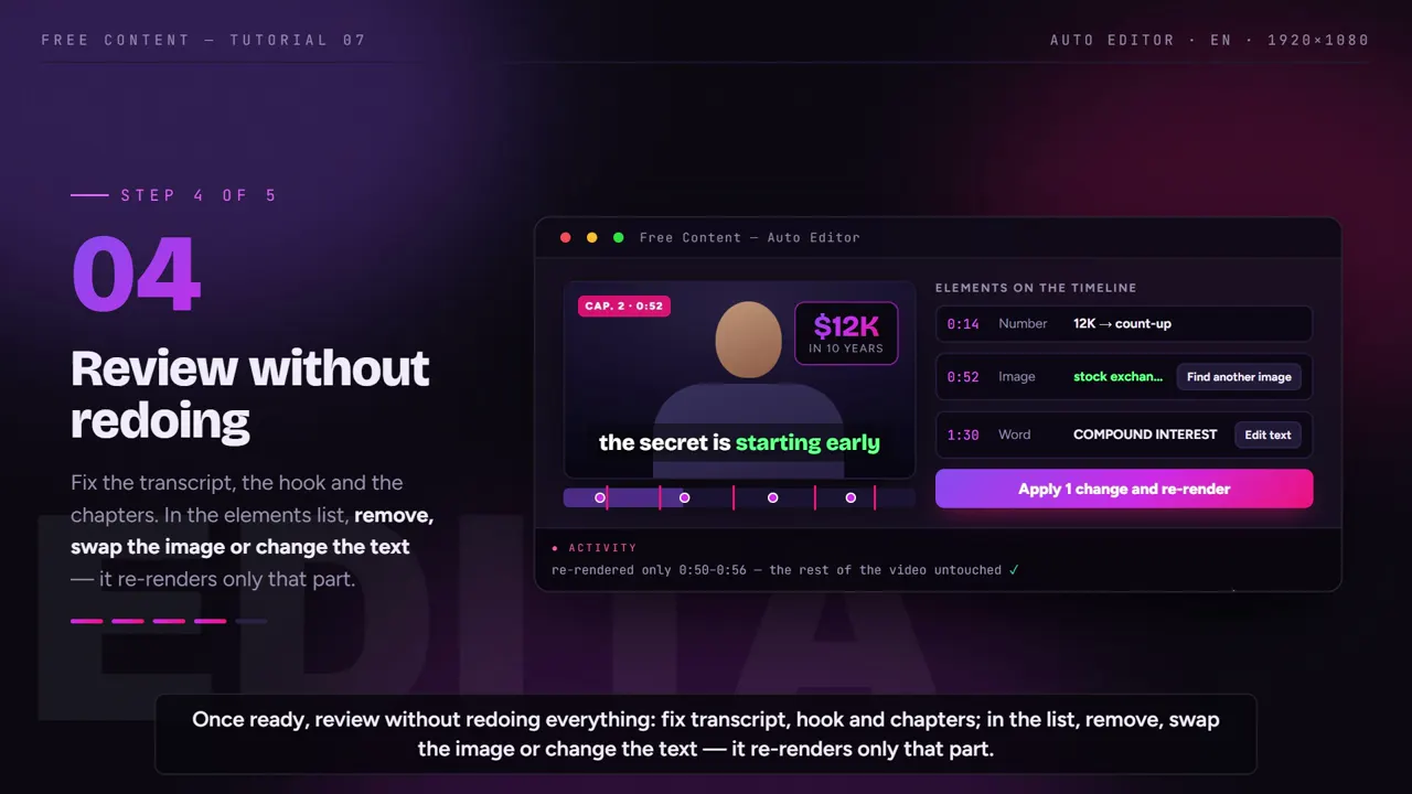 Free Content, Editor automático — Paso 3: revisa y cambia un elemento — solo ese tramo se rehace