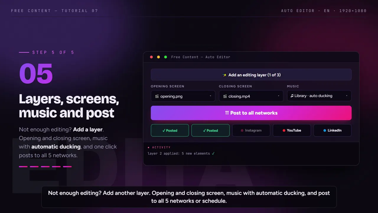 Free Content, Editor automático — Paso 4: pantalla de apertura, música y publicación en 10 redes