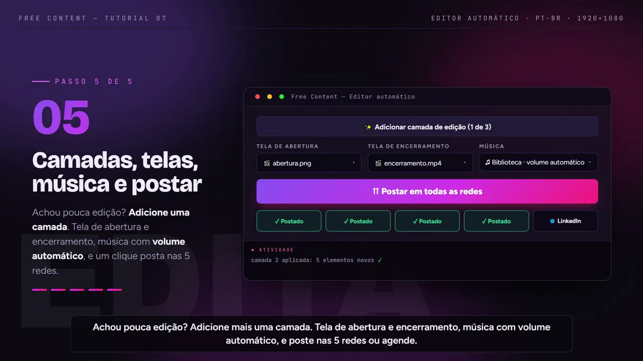 Passo 4: tela de abertura, música e postagem nas suas redes